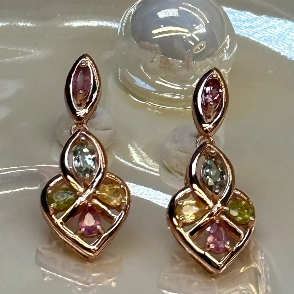 ETR2 2CT Natural Rainbow Tourmaline ART DECO HEART Earrings 18K Rose Gold S925